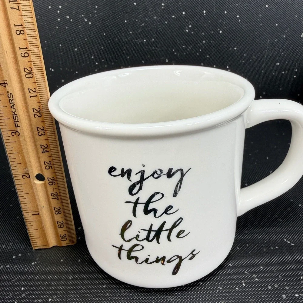 Pottery Barn White Ceramic Mugs Set Warm & Cozy Enjoy The Little Things 2pc